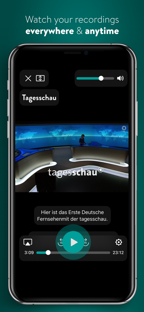 YouTV german TV, online video - Aplicativo YouTV no iPhone reproduzindo uma gravação do telejornal Tagesschau com legendas em alemão
