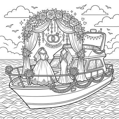Embark on a romantic coloring journey with this exquisite wedding yacht design, perfectly blending the joy of a special day with the serene beauty of the open water. Discover intricate details like elegant dresses, a beautiful floral arch, and delicate wedding rings, ready for your creative touch.