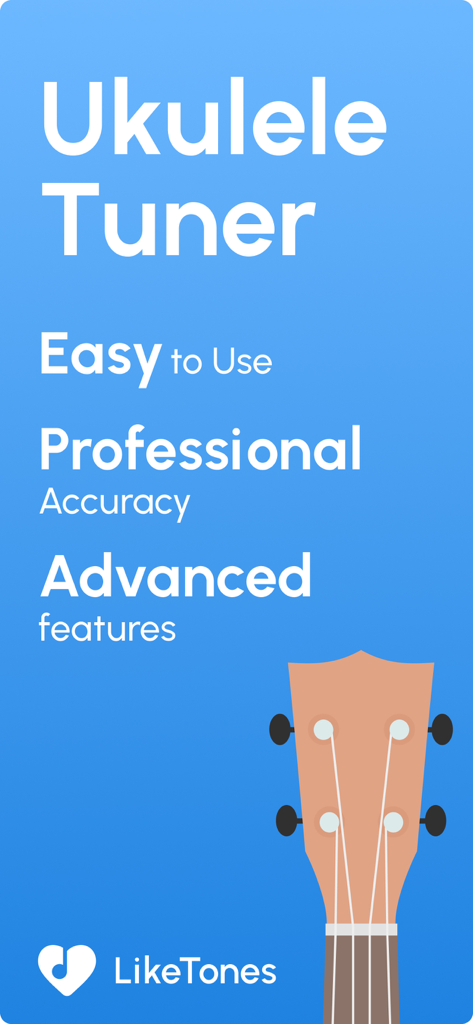 Ukulele Tuner - LikeTones - Werbebildschirm der Ukulele Tuner LikeTones App, der professionelle Genauigkeit und erweiterte Funktionen hervorhebt