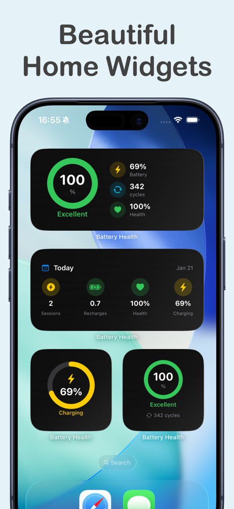 Battery Health Pro - Customizable battery health and cycle count widgets on an iPhone home screen