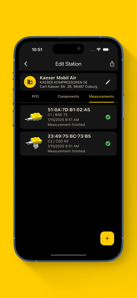 Completed measurement list for industrial compressors in the Air Demand Analysis app