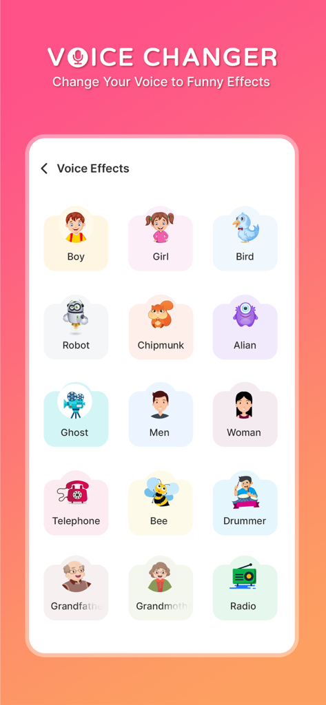 Voice Changer - Voice Effect - Screenshot of the Voice Changer app showing a selection of funny voice effect icons including Robot, Chipmunk, and Ghost.