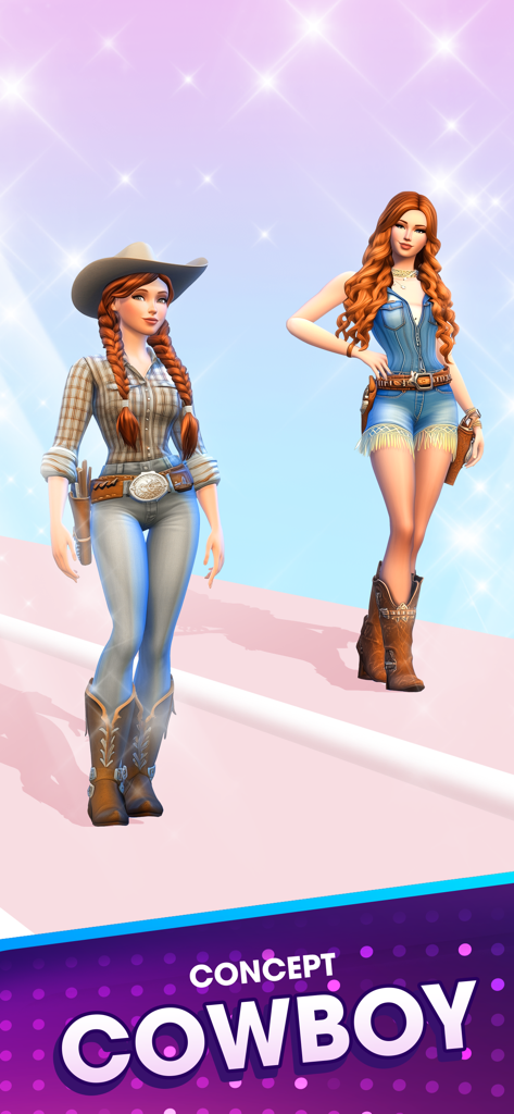 Catwalk Queen: Fashion Battle - Dos modelos de moda 3D con atuendos de temática vaquera en una pasarela rosa
