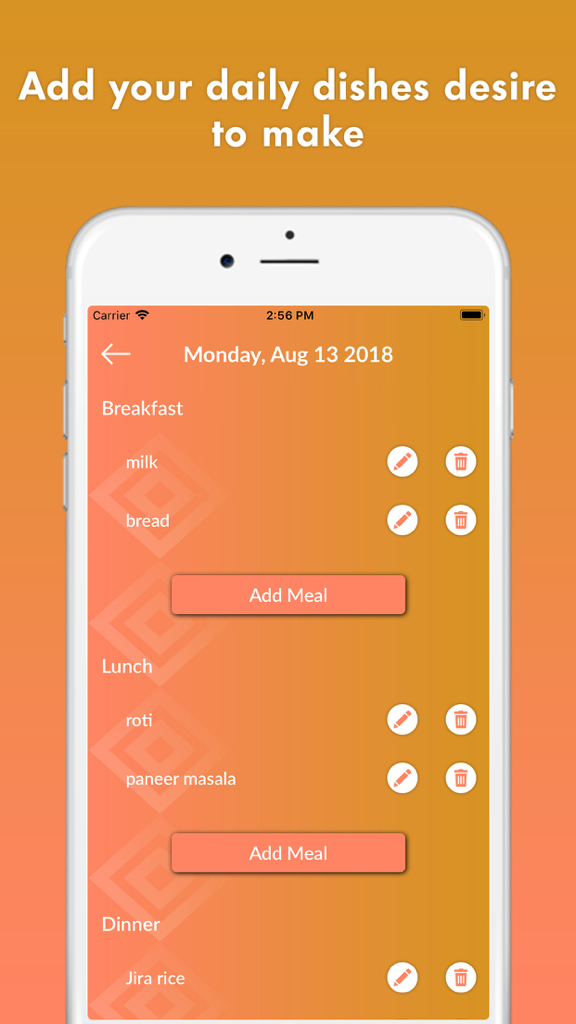 Daily meal planning screen showing breakfast lunch and dinner options on an iPhone.