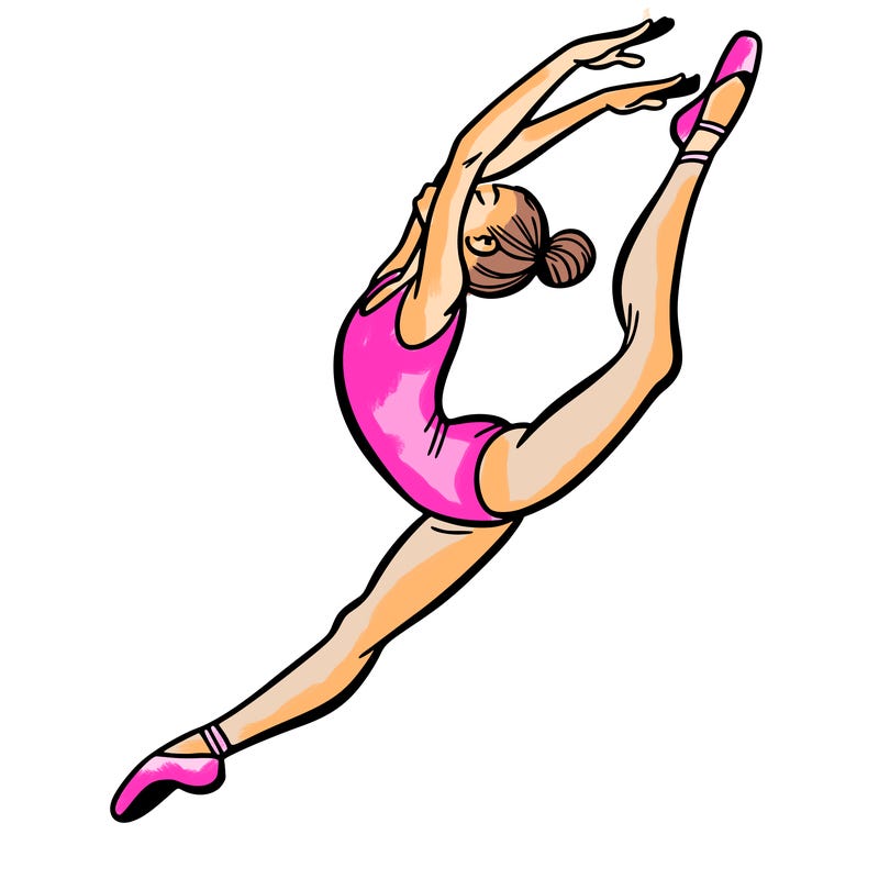 gymnast doing a leap in a leotard with a bent back leg