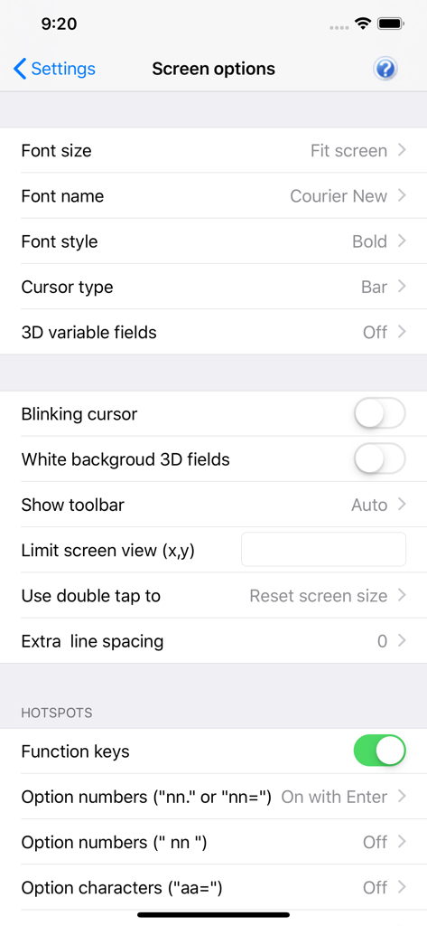 Glink 5250 - Interface de opções de tela do aplicativo Glink 5250 para iOS com configurações de fonte, cursor e hotspot.