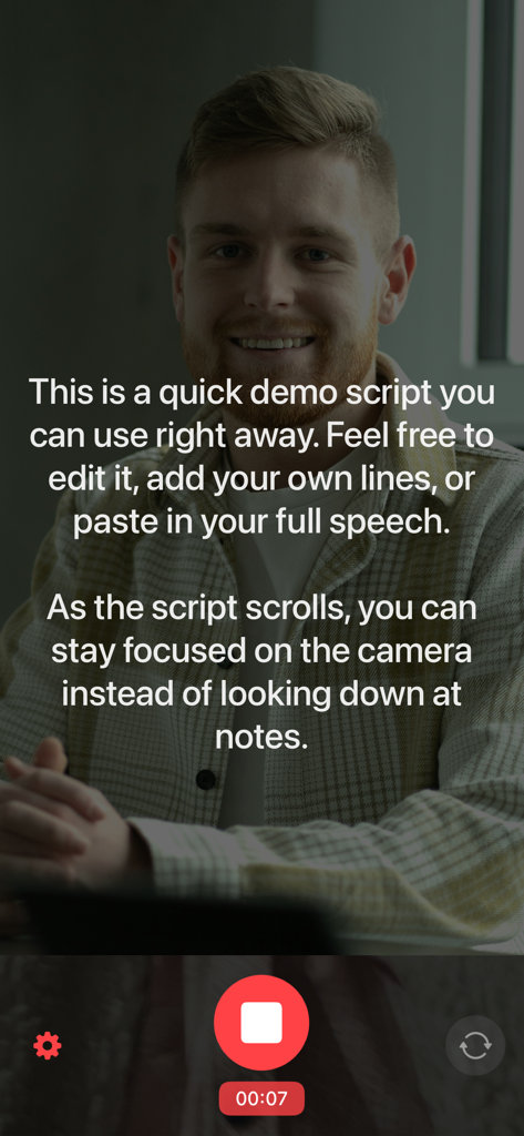 Teleprompter Buddy For Video - A man recording a video with a scrolling script overlay using the Teleprompter Buddy app