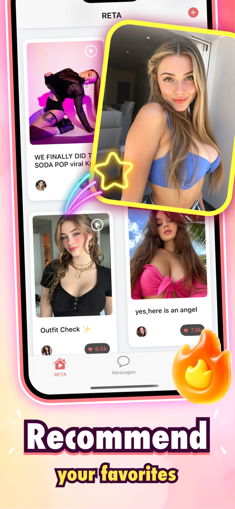 Reta - Dance Video Sharing - Una interfaz móvil para la aplicación de compartir videos de danza Reta que muestra un feed curado de videos con una indicación para recomendar tus favoritos.