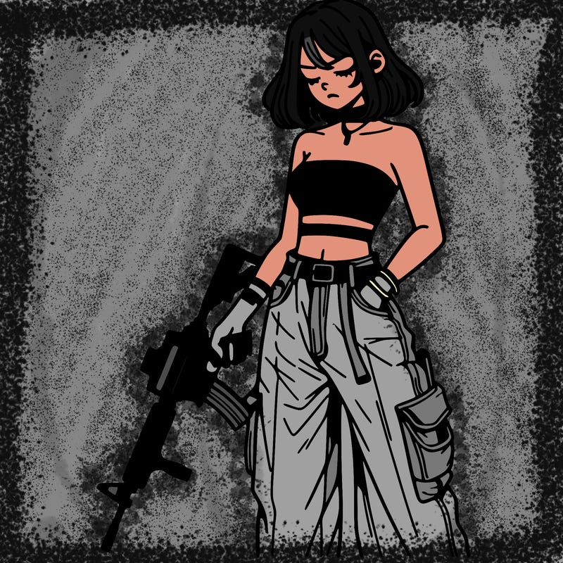 a dangerous girlcrop top and baggy jeans with a rifle in her hand