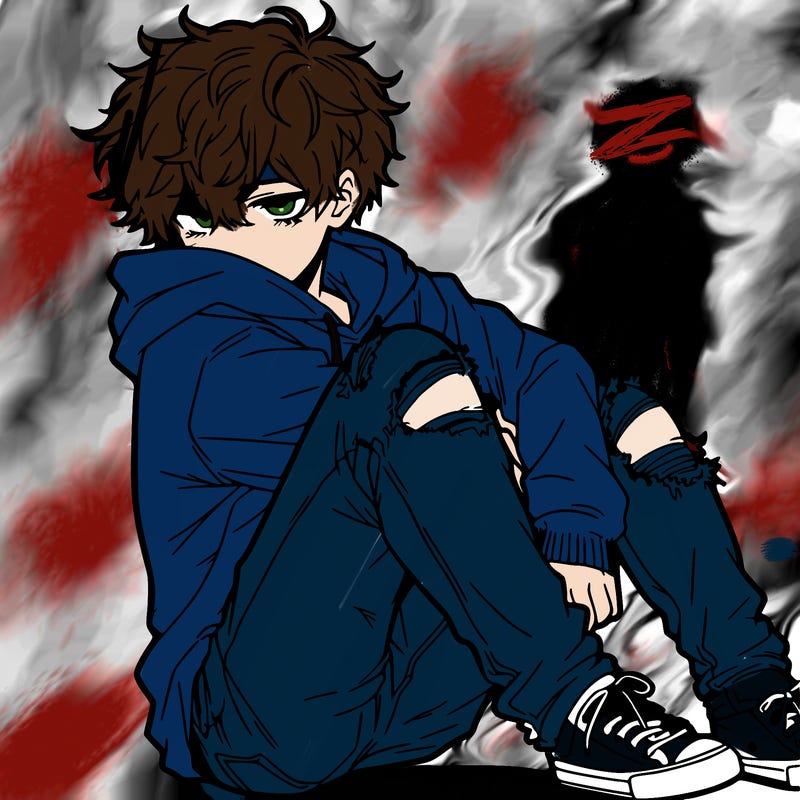 a male hoddie ripped jeans messy hair anime