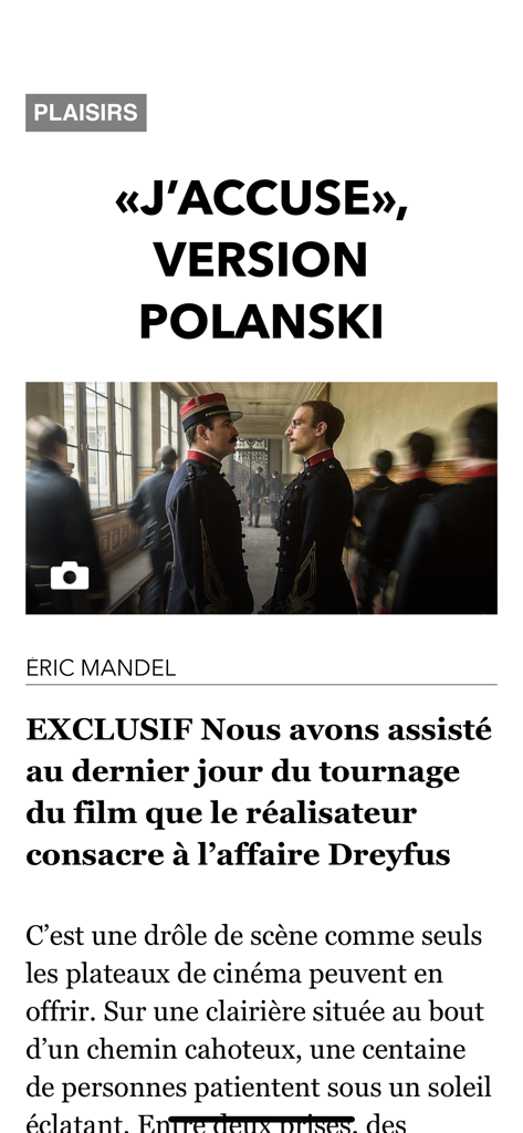 Screenshot of a cultural article in the legacy JDD app about the movie Jaccuse