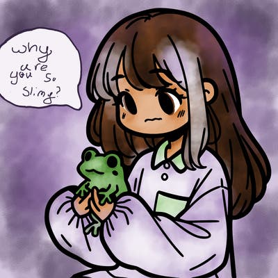 girl with long hair and a oversized shirt. and she is holding a frog