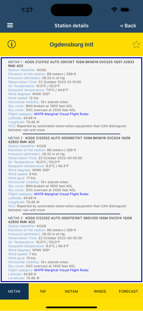 Informes METAR decodificados para el aeropuerto internacional de Ogdensburg que se muestran en la pantalla de detalles de la estación de la aplicación NOAA AWC Aviation Weather PRO.
