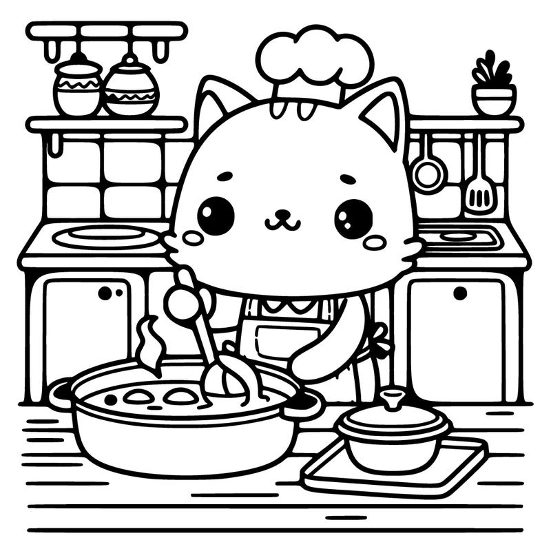 a cute cat cooking something in a kitchen corner