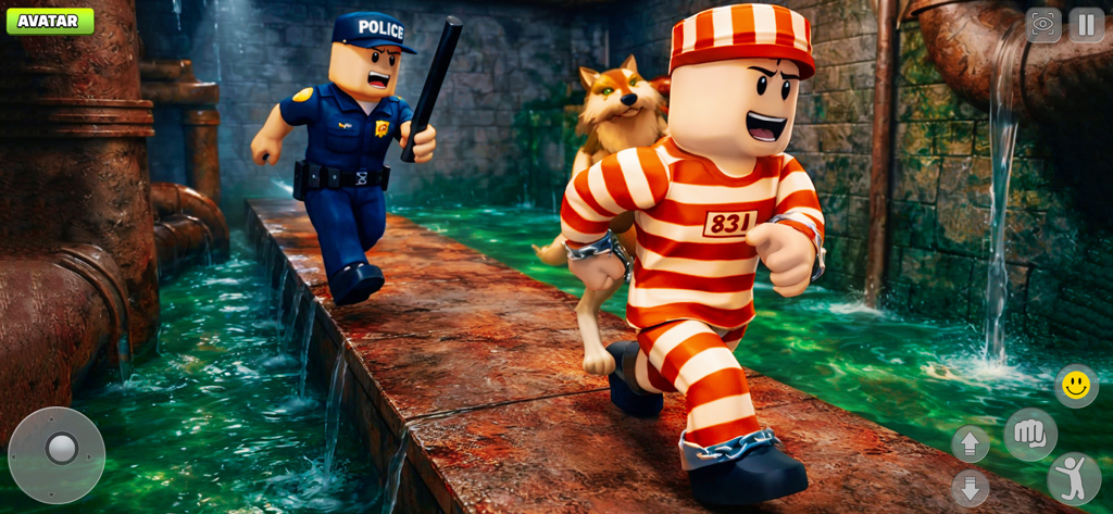 Urban Leap Parkour Run - A blocky prisoner character sprints through a dark sewer being chased by a police officer and a wolf.