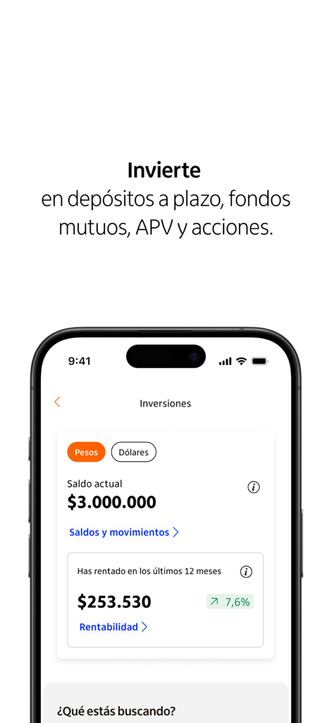 Itaú Chile - Mobile interface of the Itaú Chile app showing investment balance and annual profitability details