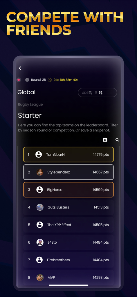 Game Day Squad: Fantasy Sports - Global leaderboard screen in the Game Day Squad app showing Rugby League player rankings and points