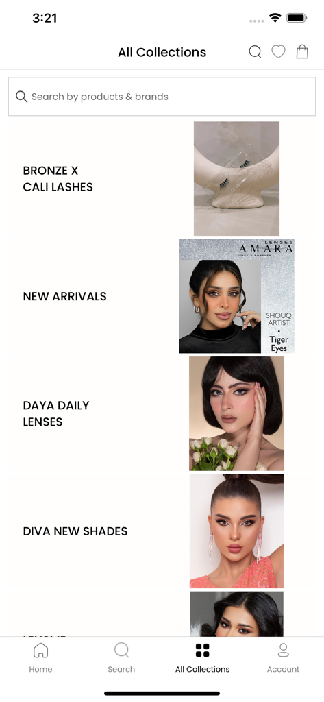 Cali Lens - Pantalla de la aplicación móvil mostrando la página Todas las Colecciones de Cali Lens con categorías para marcas de pestañas y lentes de contacto.