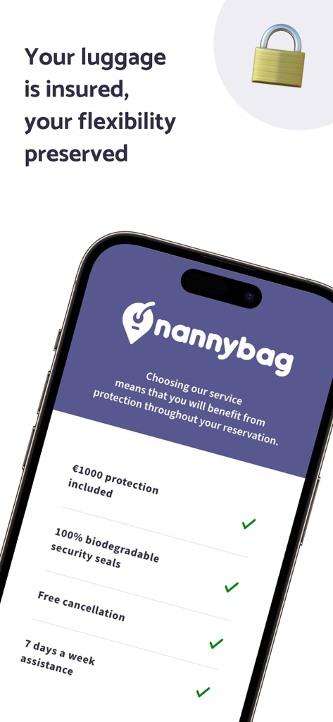 Nannybag - Luggage Storage - 낸니백 앱 화면, 짐 보호 보험 및 보안 씰 표시