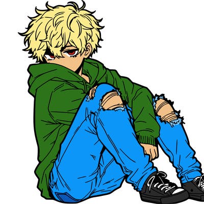 a male hoddie ripped jeans messy hair anime