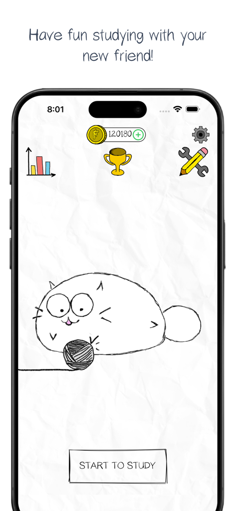 Fatty Cat! - Study Companion - Menú principal de la aplicación Fatty Cat Study Companion mostrando un gato dibujado a mano y el botón de iniciar estudio