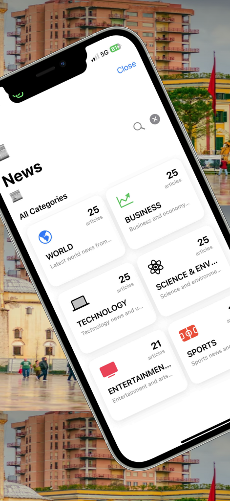 Radio Shqip Live - Screenshot of the news categories section in the Radio Shqip Live app featuring world, business, technology, and sports