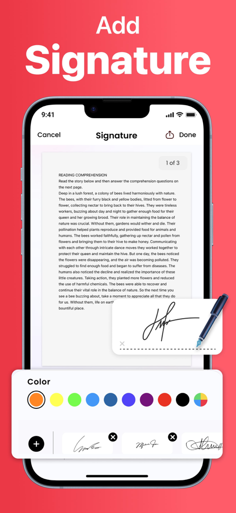 PDF AI: Reader & Translator - Eine mobile Oberfläche der PDF AI App, die die Funktion zum Hinzufügen von Signaturen mit Farbauswahl und gespeicherten Signaturoptionen zeigt.