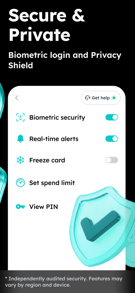 Zeal: Digital Wallet & Card - Schermata delle impostazioni di sicurezza del portafoglio digitale Zeal con accesso biometrico, avvisi in tempo reale e controllo della carta