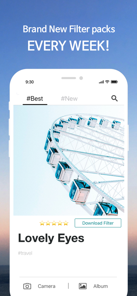 LAUV : Travel photo filters - Smartphone screen showing the LAUV app interface with a travel filter preset applied to a Ferris wheel photo and a message about new weekly filter packs.