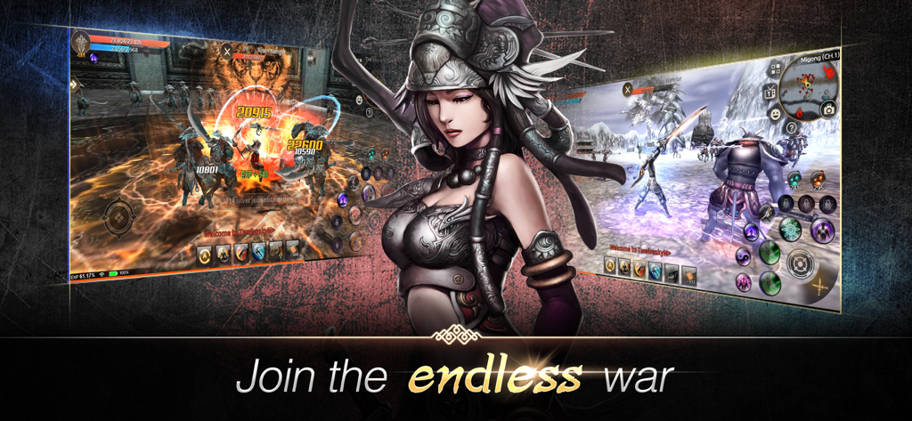 TwelveskyM - Imagen promocional de TwelveSky M presentando un guerrero de artes marciales y capturas de pantalla de combate del juego