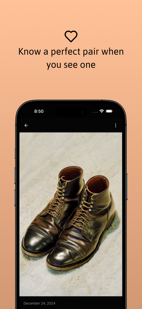 A pair of well-worn brown leather boots displayed on a rug within the Patina Project app interface.