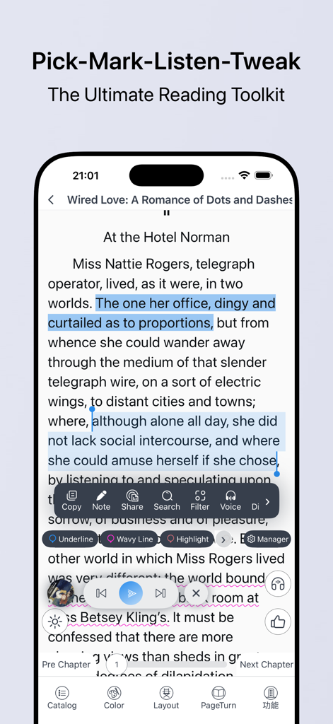 iReadNote - Captura de pantalla de la aplicación iReadNote mostrando la selección de texto de un libro electrónico con herramientas de anotación y audio