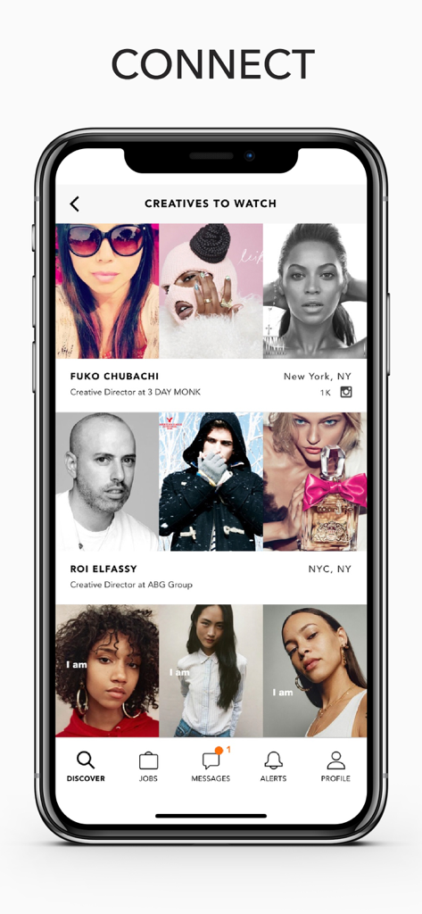 Swipecast app screen showing a curated list of fashion creative professionals and industry talent to connect with