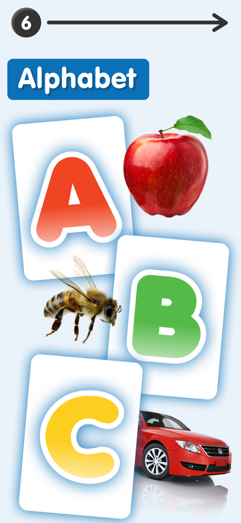 Educational alphabet flashcards featuring A for Apple B for Bee and C for Car