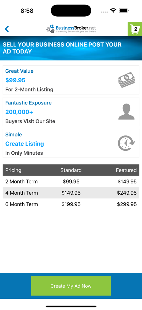 Businesses For Sale - Tabla de precios para anuncios de venta de negocios y franquicias.