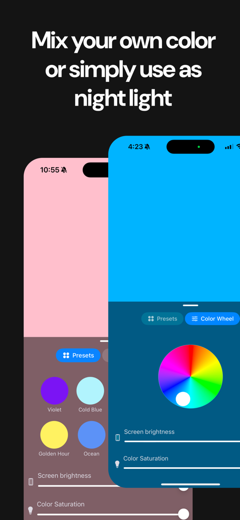 LittyCam - Take Selfie in Dark - LittyCam app interface showing a color wheel and presets to customize lighting for selfies or use as a night light
