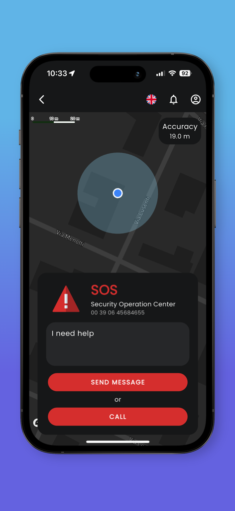 Sectra24 - Interfaccia SOS di emergenza di Sectra24 con opzioni per inviare un messaggio o chiamare il centro operativo di sicurezza in una visualizzazione mappa
