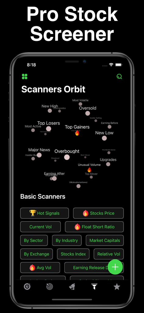 Stocks Alert - Stock Screener - Pro Stock Screener app interface showing a Scanners Orbit visualization with market categories and basic scanner filters