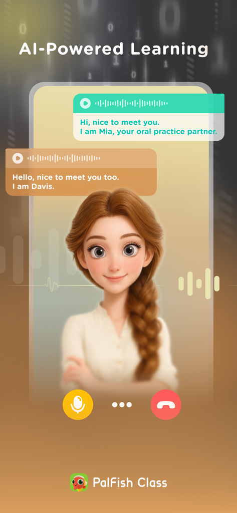 バーチャル講師のアバターが登場する、PalFish ClassのAIを活用した英会話練習インターフェース