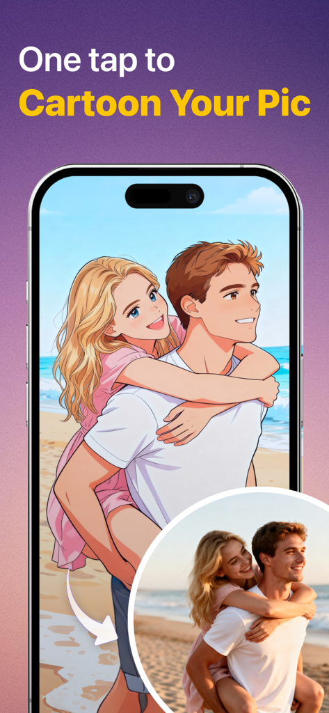 SnapEdit AI - Smartphone screen showing SnapEdit AI app converting a couple beach photo into a cartoon illustration