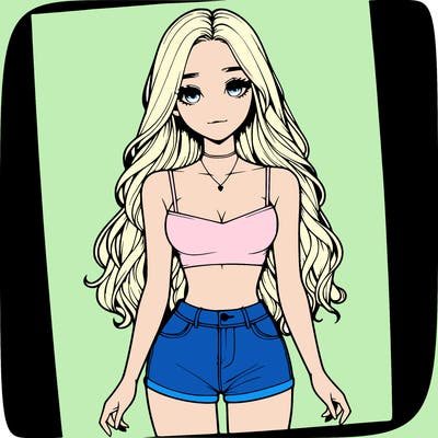 a realistic girl with long hair and in a crop top and shprts