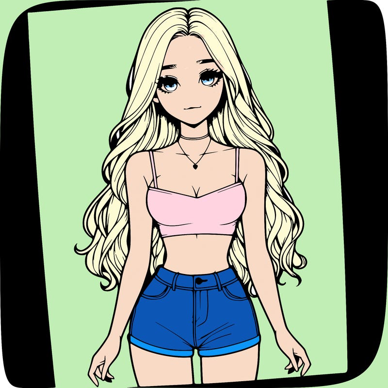 a realistic girl with long hair and in a crop top and shprts