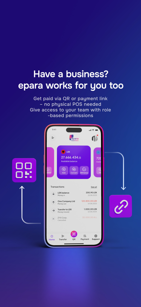 epara - epara app business interface showing QR code and payment link features for merchant transactions