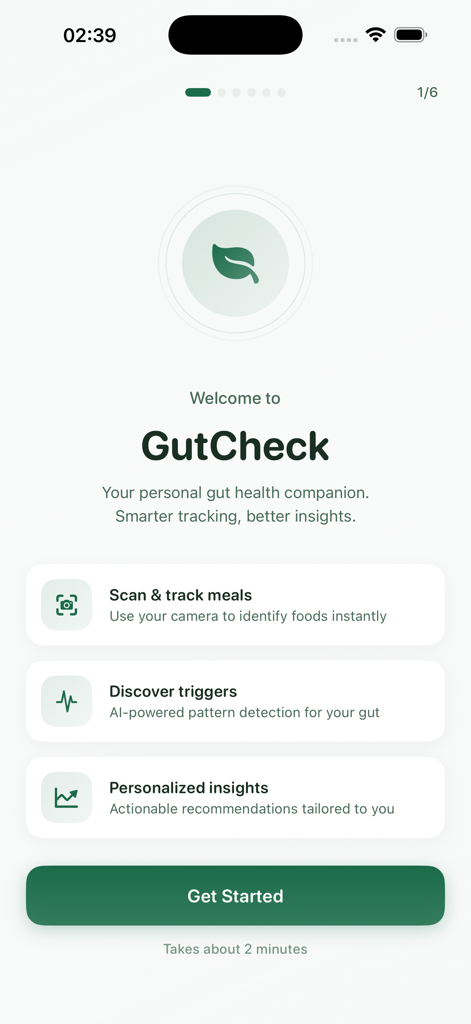 GutCheck — Gut Health Tracker - The welcome onboarding screen of GutCheck app showcasing its meal tracking and AI pattern detection features.