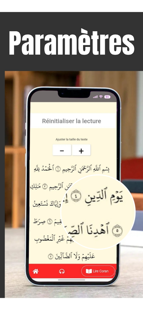 Coran Mp3 Kamil - Pantalla de configuración de la aplicación Corán Mp3 Kamil que muestra el ajuste del tamaño del texto para leer el Corán