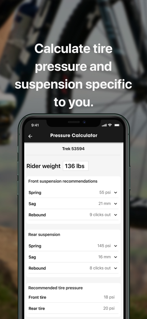 Trek Central - Trek Central app pressure calculator interface showing personalized suspension and tire pressure recommendations based on rider weight.