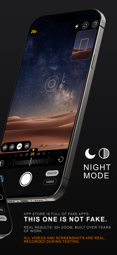 30x Zoom Digital Video Camera - Interface of the 30x Zoom Digital Video Camera app showing night mode with a starry desert sky at 28x zoom