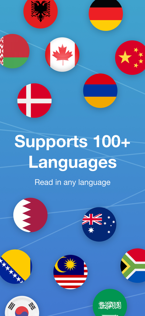 Snap Translator - Photo & AI - Snap Translatorアプリのスクリーンショット。100以上の言語をサポートし、様々な国の国旗が表示されている