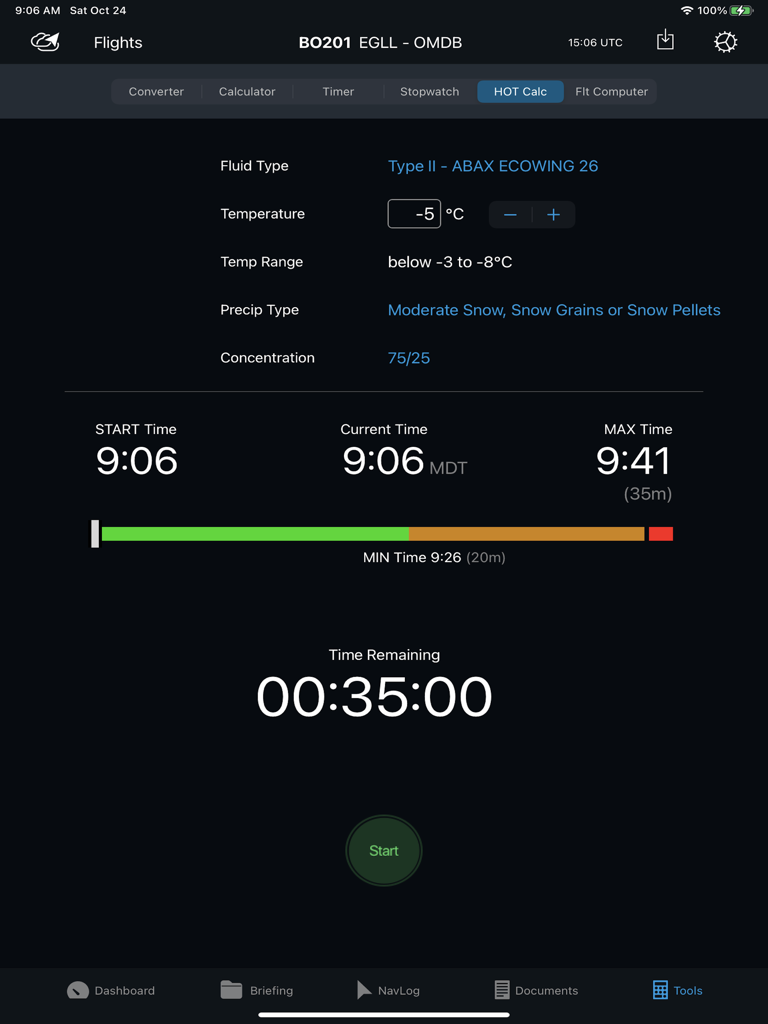 Herramienta de temporizador de tiempo de protección antihielo de Jeppesen Aviator que muestra el tiempo restante y las condiciones meteorológicas
