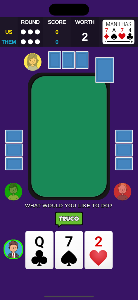 Truco Classic - Pantalla de juego de la aplicación móvil Truco Classic con jugadores en una mesa de cartas virtual.